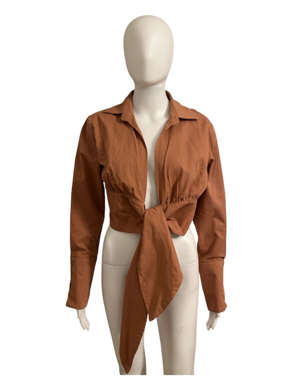 Cropped Tie-Front Blazer Jacket in Mocha Brown